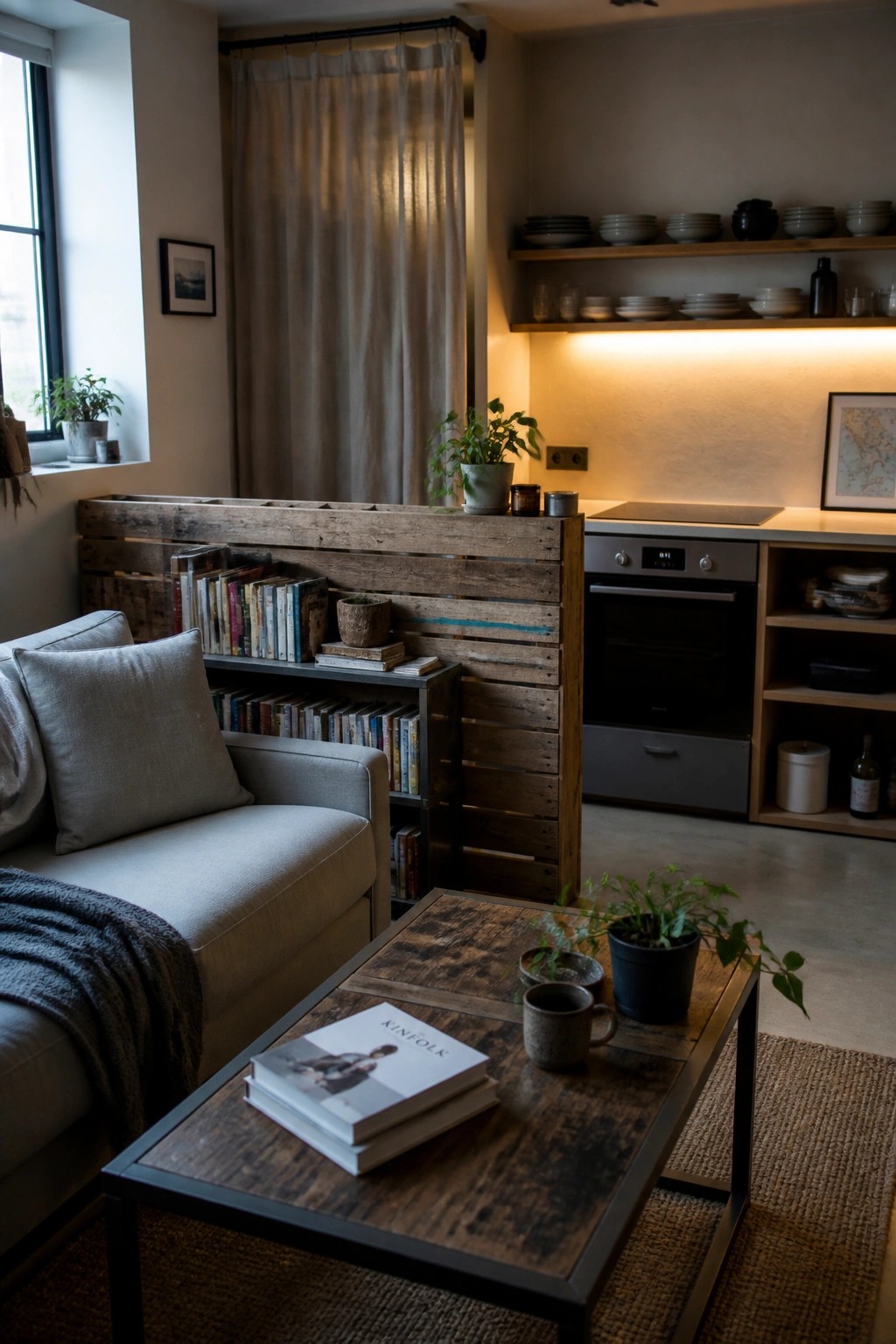 A living room with a light gray sofa facing a rustic wooden pallet structure used as a low divider with books on its shelves, next to a kitchen with open shelving.