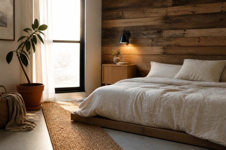 21 Simple Pallet Wall Designs for Minimalist Rooms and Neutral Decor A bedroom interior featuring a horizontal reclaimed wood plank accent wall behind a bed with white linens, a wooden nightstand, and a potted plant near a window.