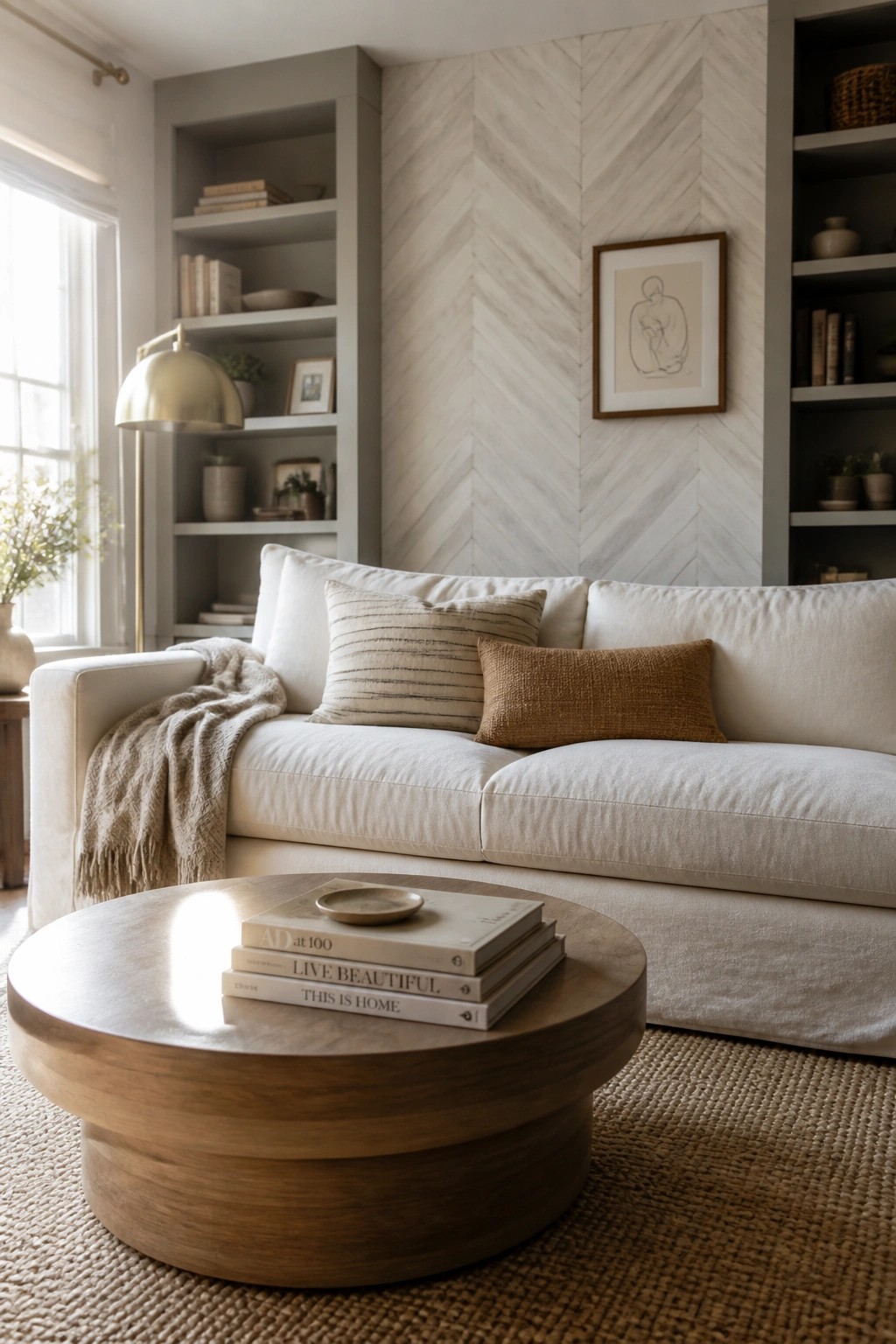 A living room with a white sofa, round wood coffee table, built-in shelves, and a herringbone patterned accent wall.