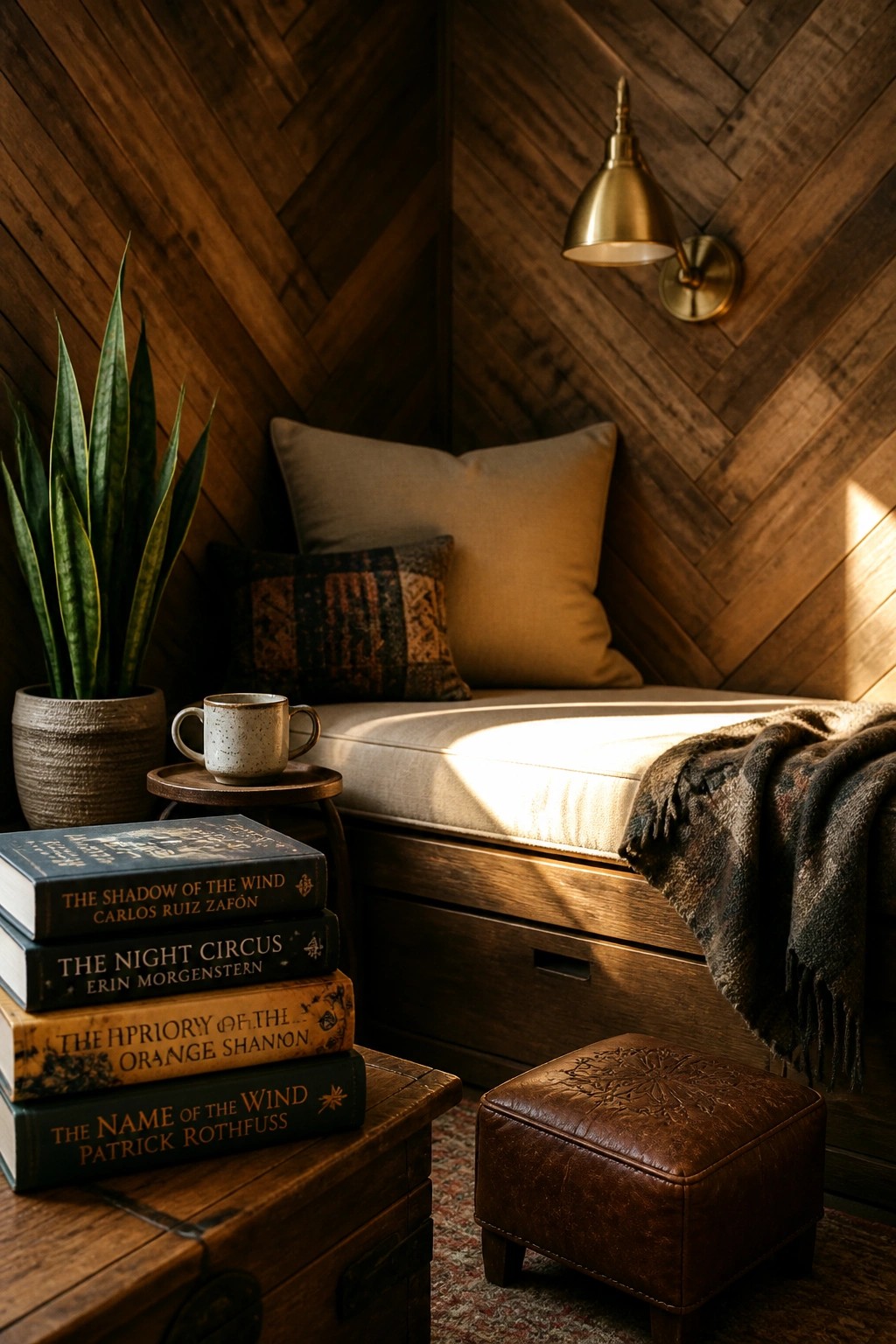 A corner with a dark herringbone wood wall, a cushioned bench with pillows, stacked books on a wooden chest, a potted plant, and a wall sconce.