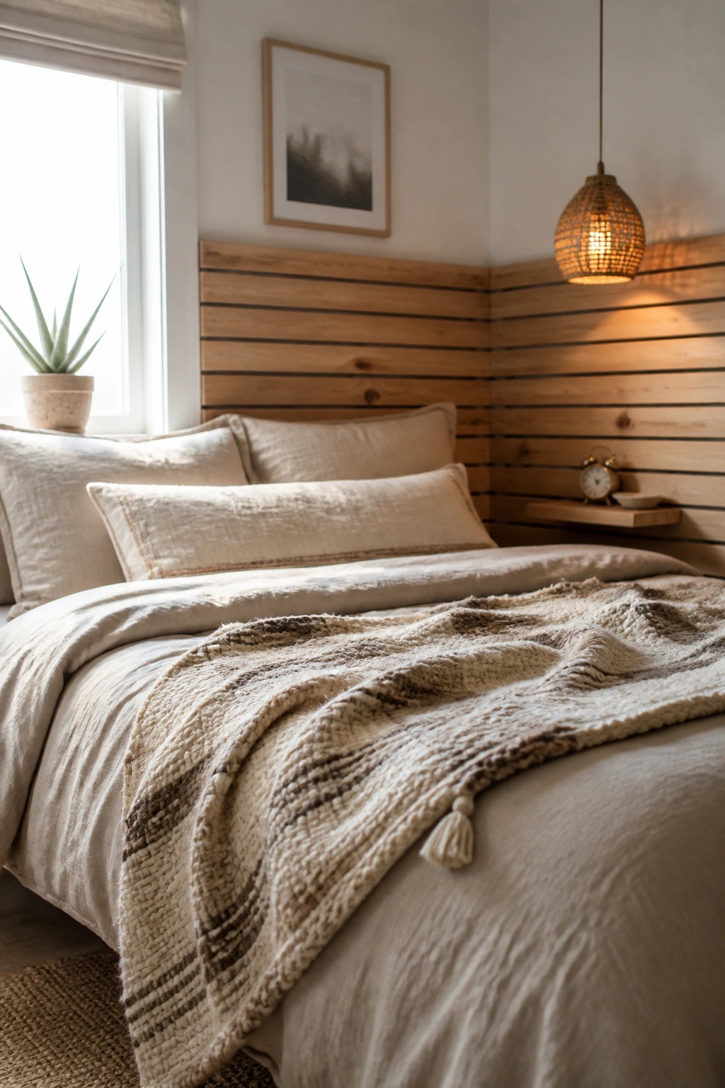 A bedroom with a bed dressed in neutral linens positioned against a horizontal wooden slat accent wall, a woven pendant light hanging to the right.