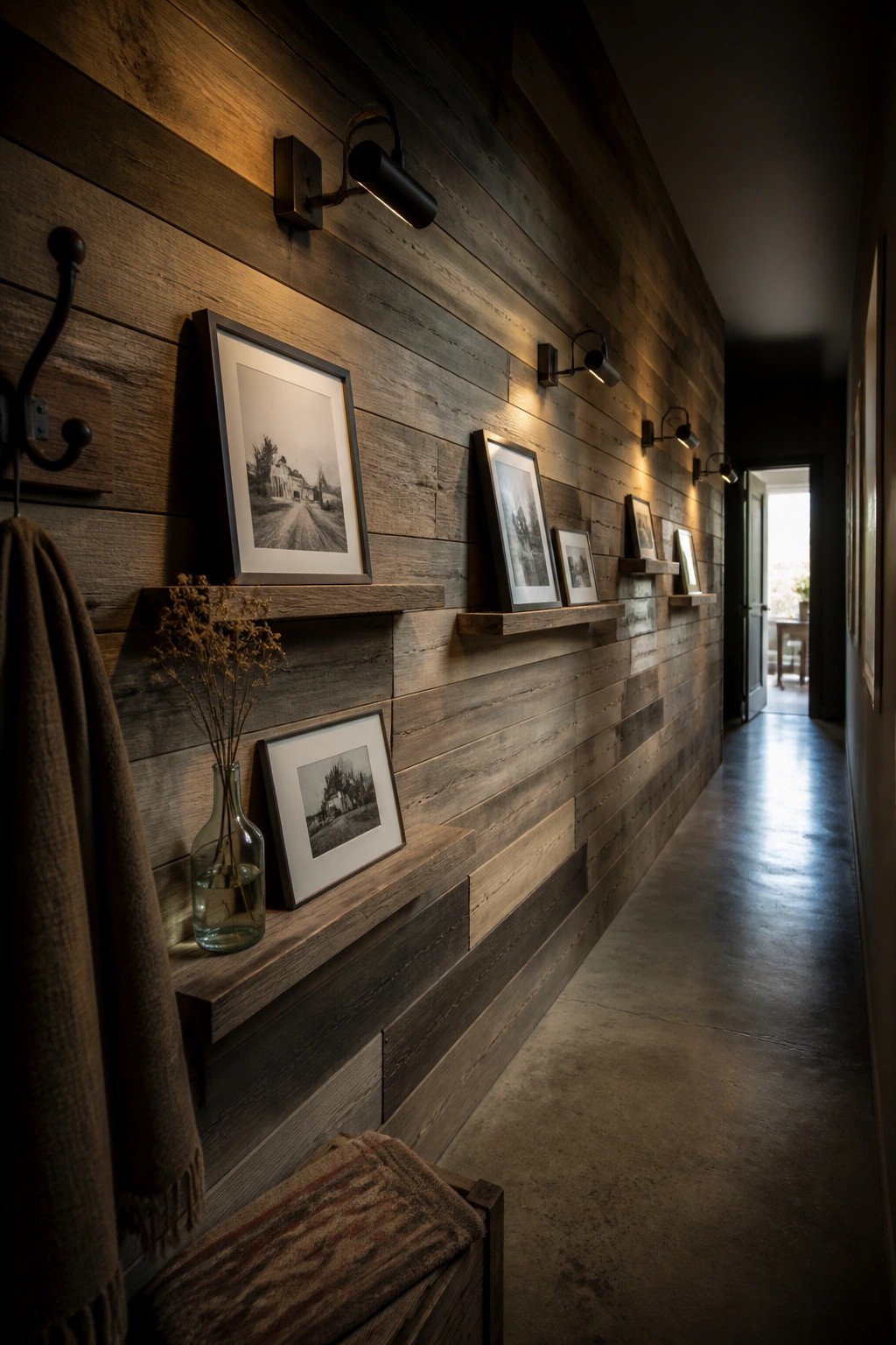 A narrow hallway with a horizontal wooden plank accent wall, floating shelves holding framed photos, wall sconces, and a coat hook with a blanket on the left side.