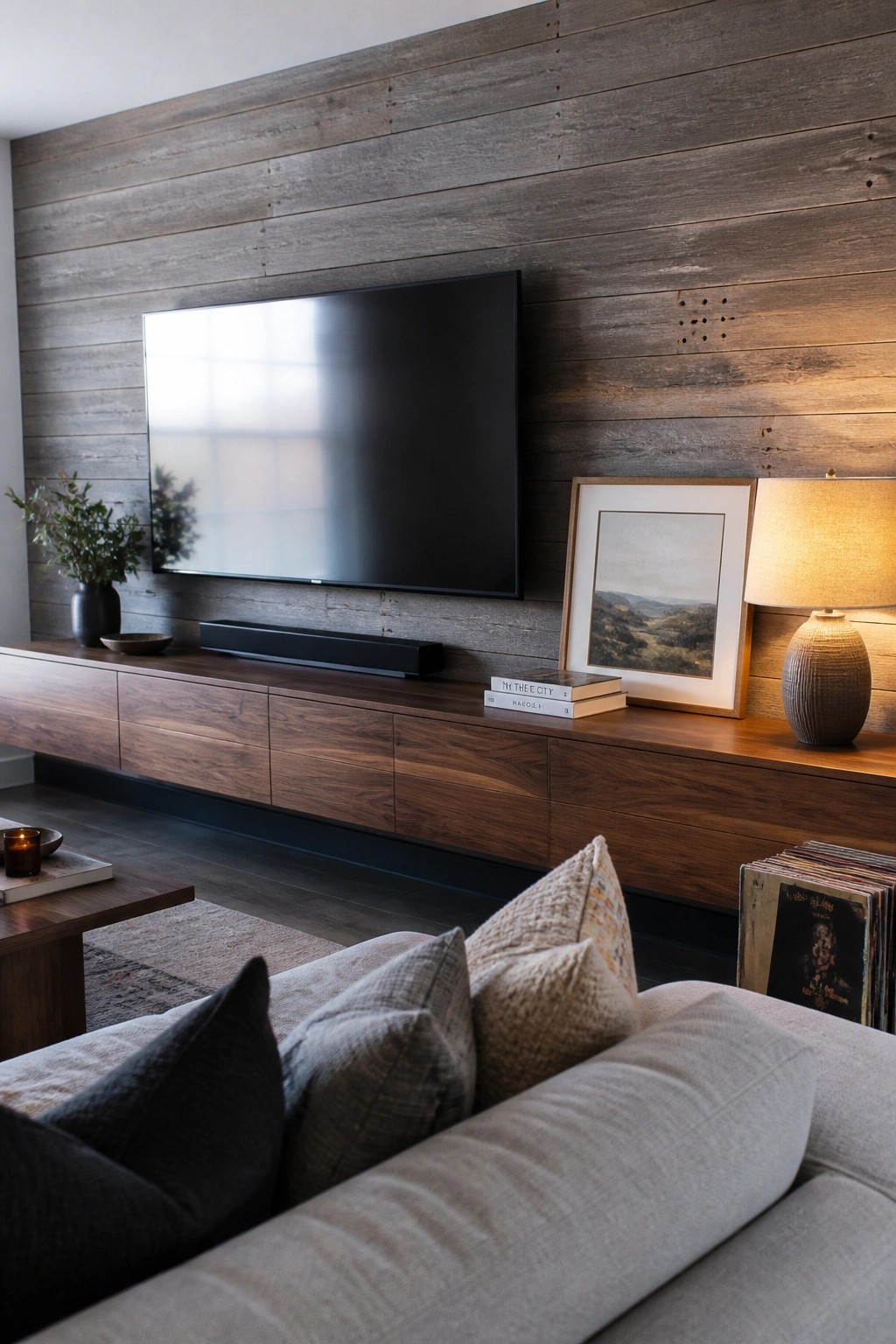 A modern living room featuring a large television mounted on a horizontal reclaimed wood plank wall above a long wooden media console, with a light gray sofa and pillows in the foreground.