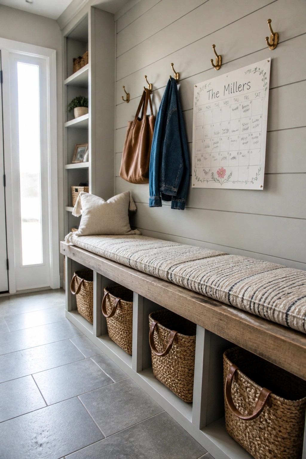 A neutral mudroom features a built-in bench with woven storage baskets below and brass hooks on a horizontal wood plank wall holding a denim jacket and a monthly calendar.