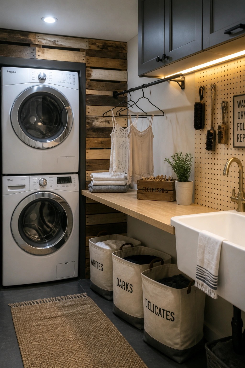 A laundry room with stacked white washer and dryer against a vertical reclaimed wood pallet wall, three labeled canvas laundry baskets below a wooden countertop, and a white utility sink with pegboard to the right.