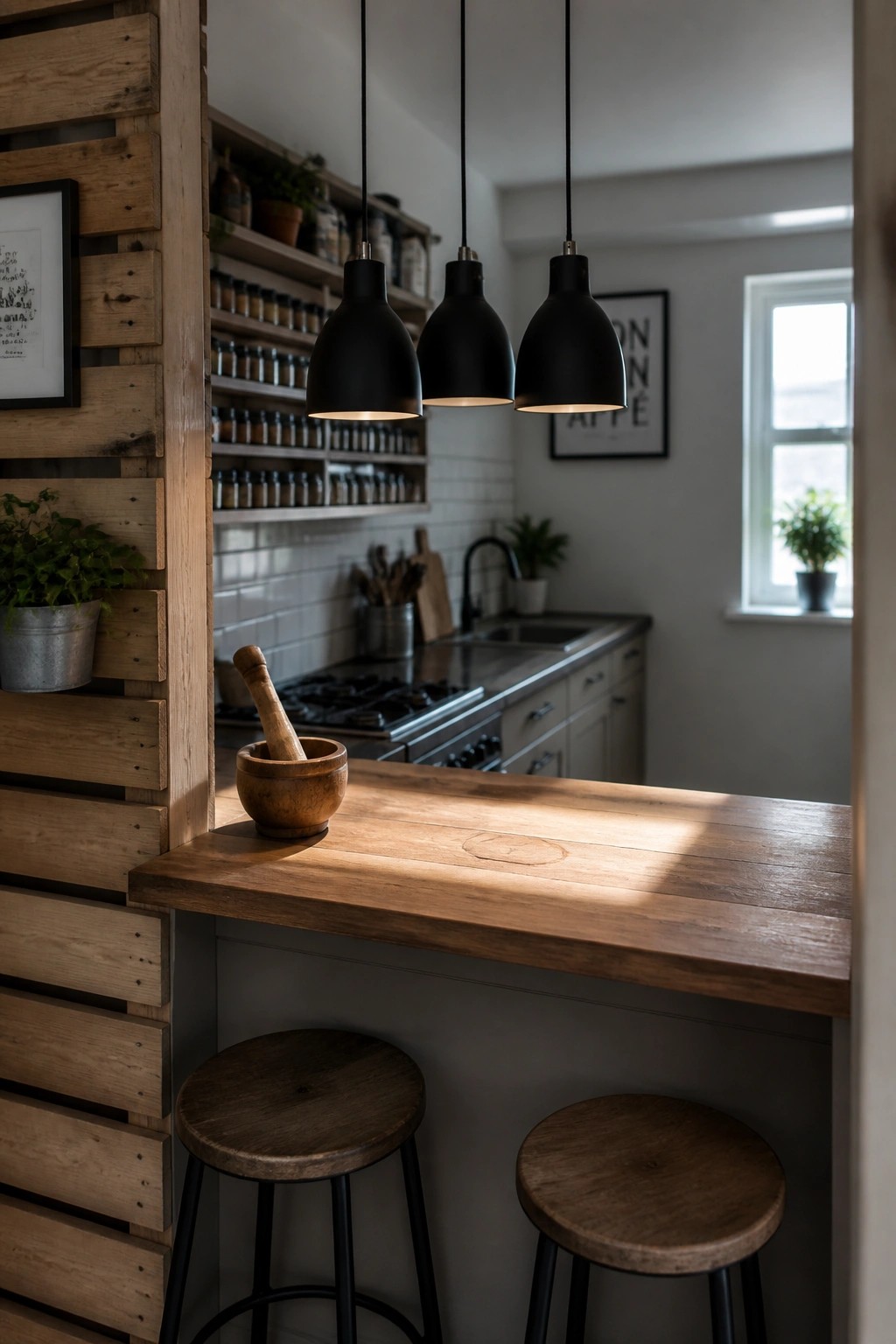 A kitchen with a reclaimed wood pallet wall on the left, a wooden countertop with two stools underneath, and three black pendant lights hanging above.
