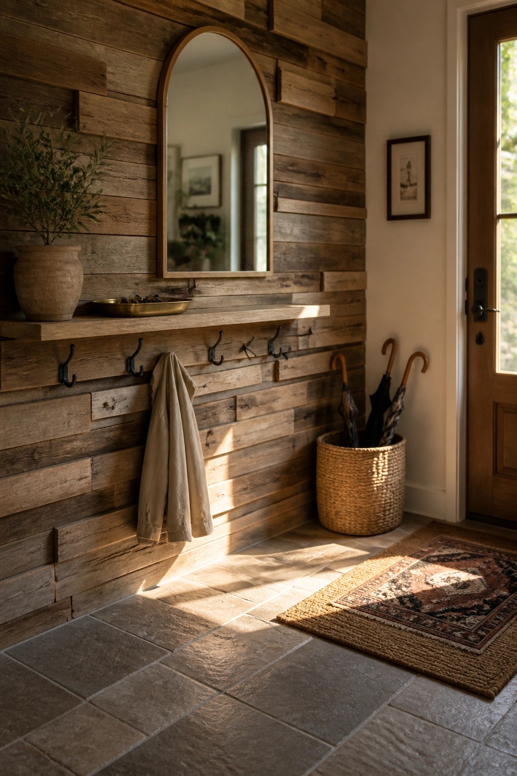 An interior entry space with horizontal reclaimed wood planks on the wall, black hooks holding a jacket, a narrow floating shelf, an arched mirror, and a woven basket of umbrellas on the floor.
