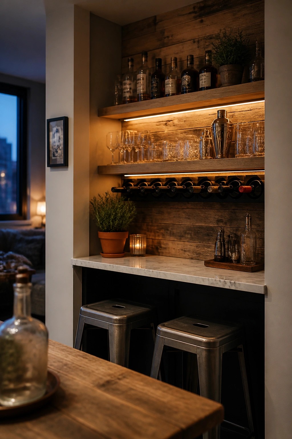 A recessed home bar area featuring horizontal reclaimed wood plank walls, illuminated floating shelves with bottles and glassware, a marble countertop, and two metal stools.