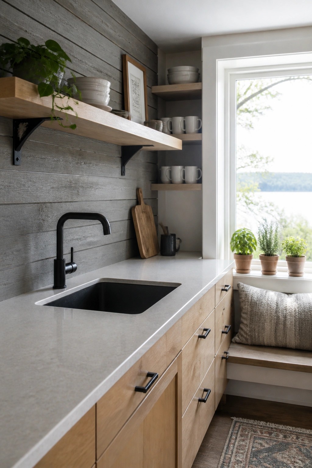 A kitchen interior featuring a gray wood plank accent wall with wooden floating shelves above a light gray countertop and black sink, next to a large window with potted plants on the sill.