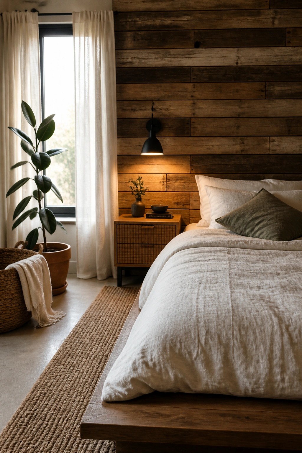 A bedroom interior featuring a horizontal reclaimed wood plank accent wall behind a bed with white linens, a wooden nightstand, and a potted plant near a window.