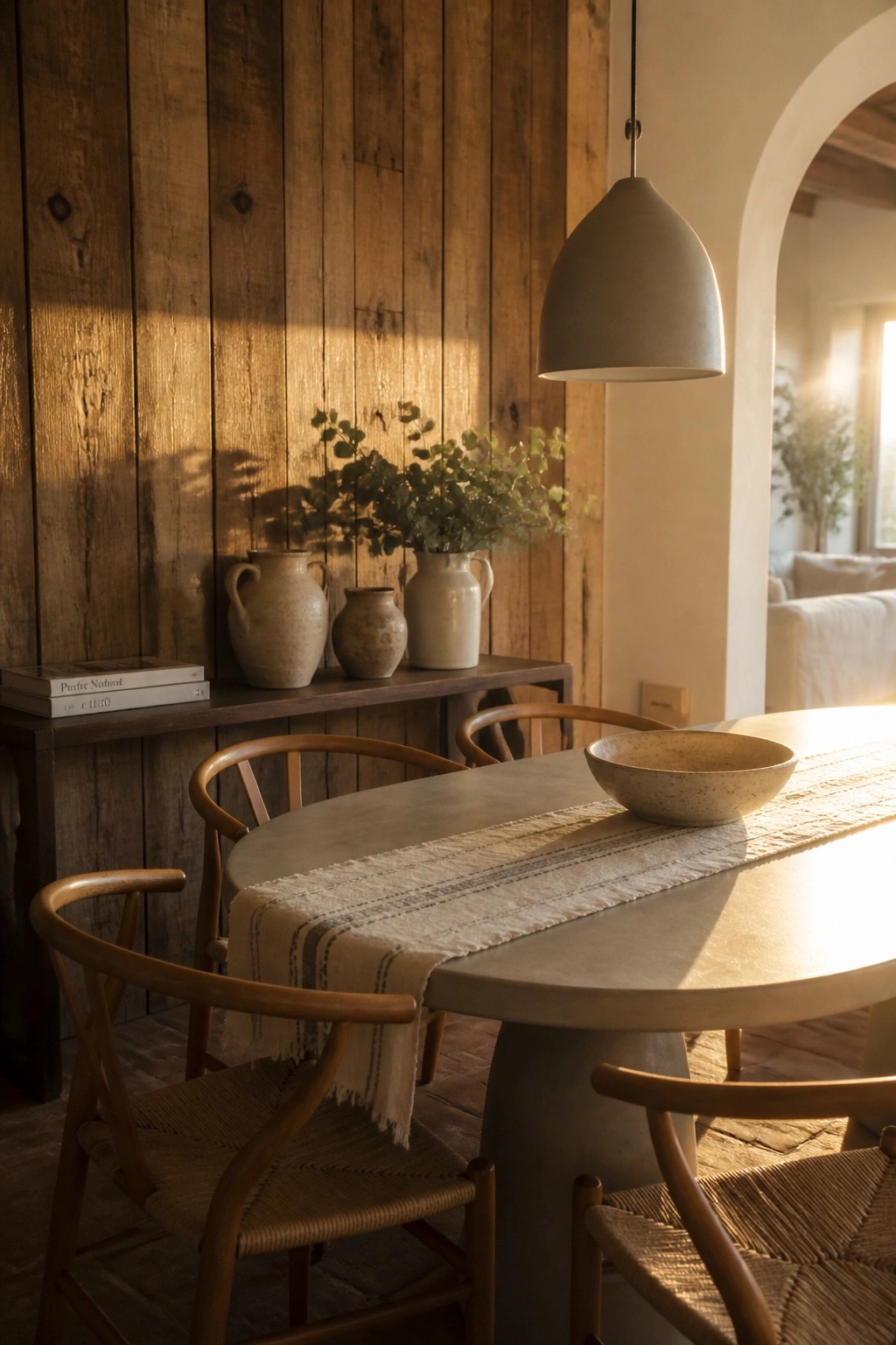 Interior dining area featuring a vertical reclaimed wood plank wall behind a concrete dining table with wooden chairs and a console holding ceramic vases and books.