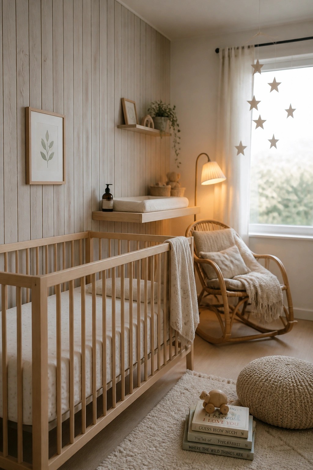 A light-filled minimalist nursery with vertical pale wood plank walls, a low wooden crib, a wall-mounted changing shelf, and a rattan rocking chair near the window.