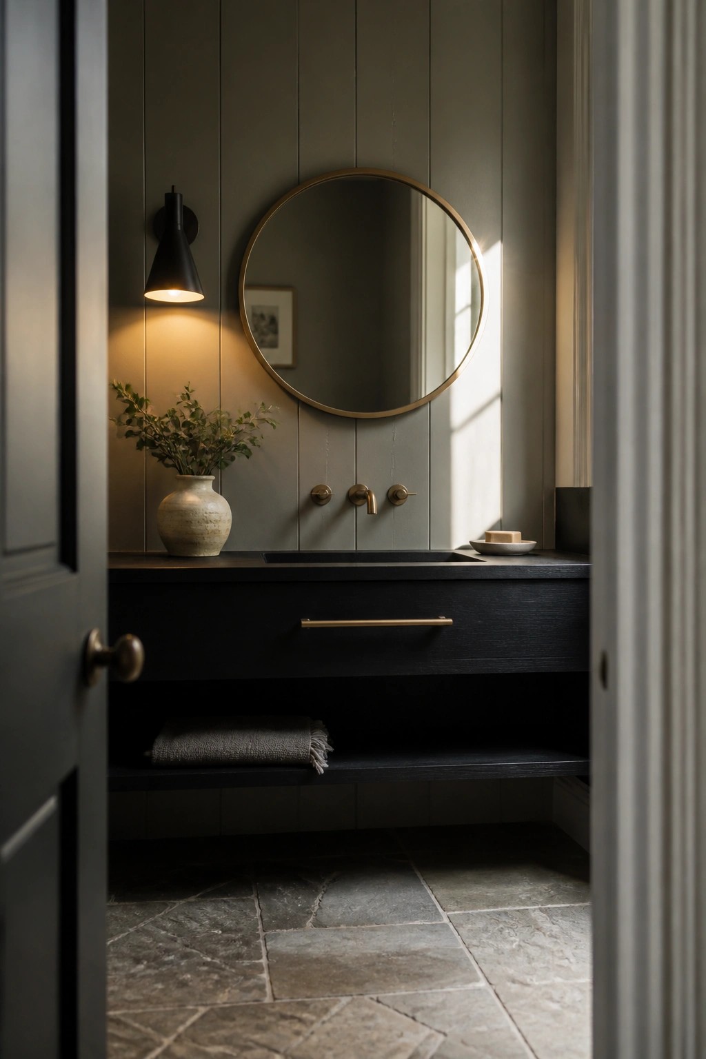 Bathroom interior with dark wood vanity, round brass mirror, black wall sconce, and vertical gray paneling behind the sink area.