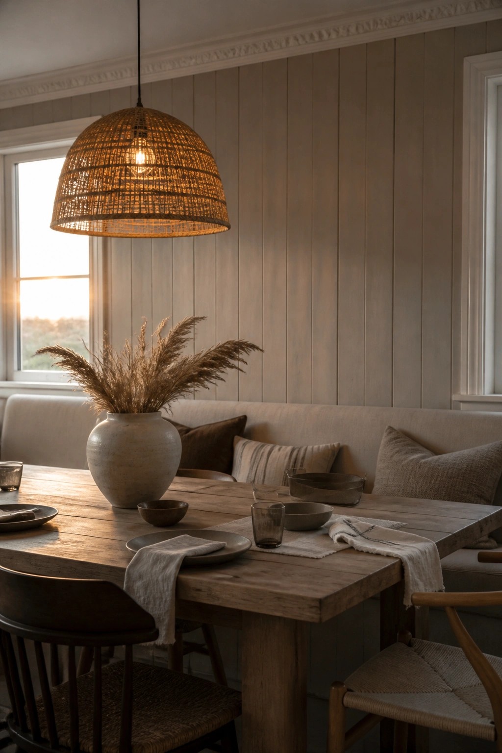 A dining room featuring a wooden table set with neutral dishes and a large vase of dried grass, positioned in front of vertical wood paneling on the wall.
