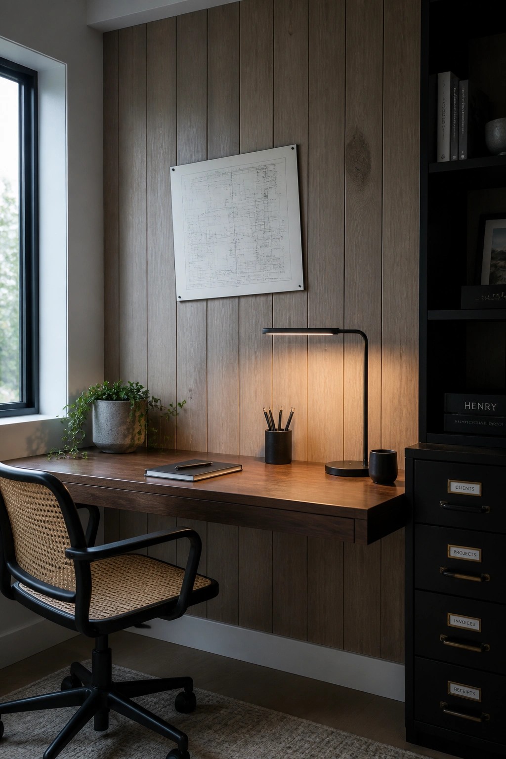 A minimalist home office featuring a vertical wood plank wall, floating wood desk, black office chair, and black desk lamp.