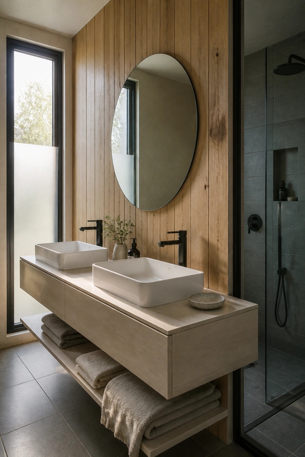 A bathroom interior showing a floating light wood vanity with two white vessel sinks, black faucets, a round mirror on a vertical wood paneled wall, folded towels on open shelves, and a glass shower to the right.