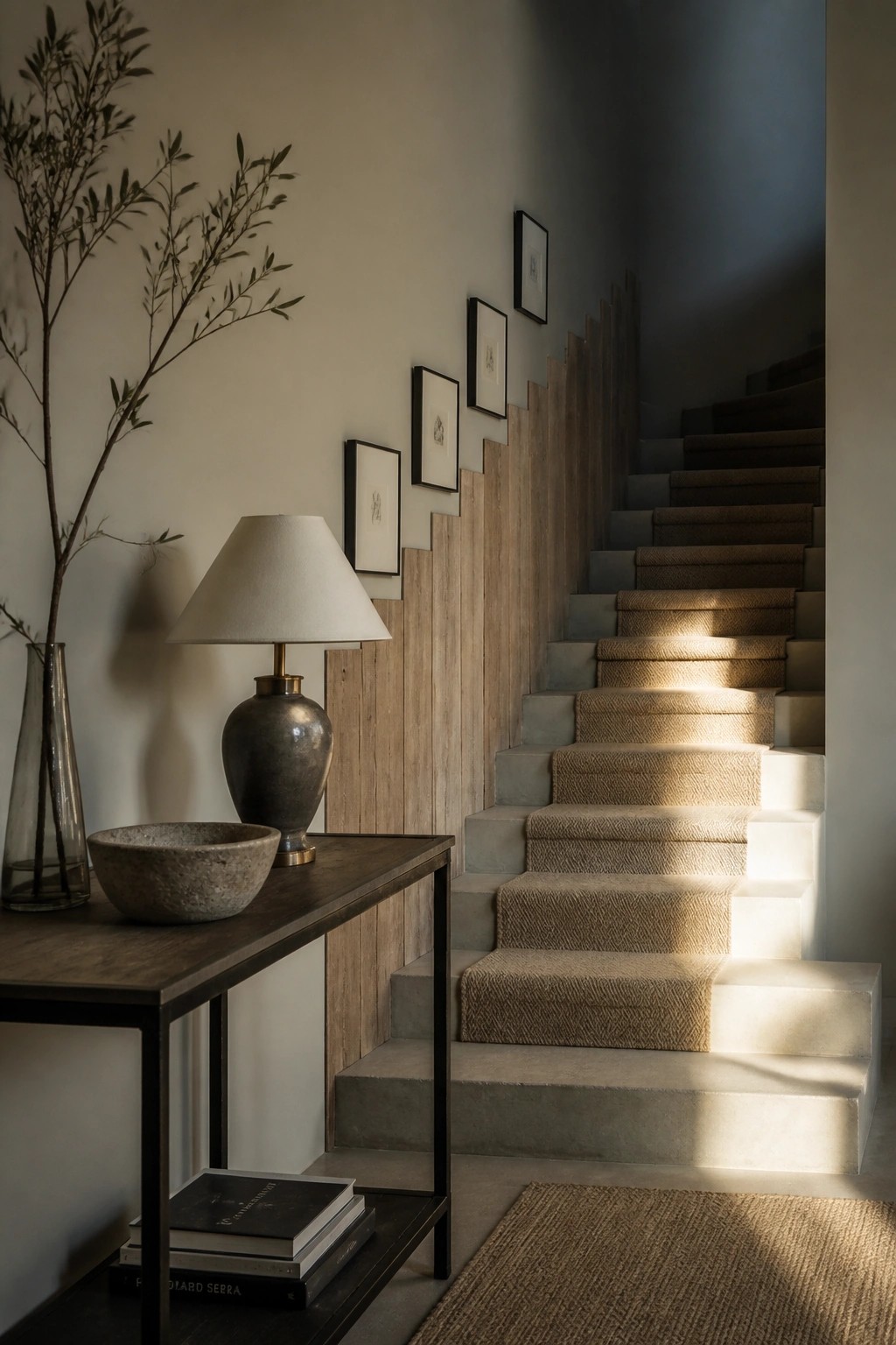 A minimalist interior with a carpeted staircase, vertical wood slat accent wall, and a dark console table holding a lamp, bowl, and vase.