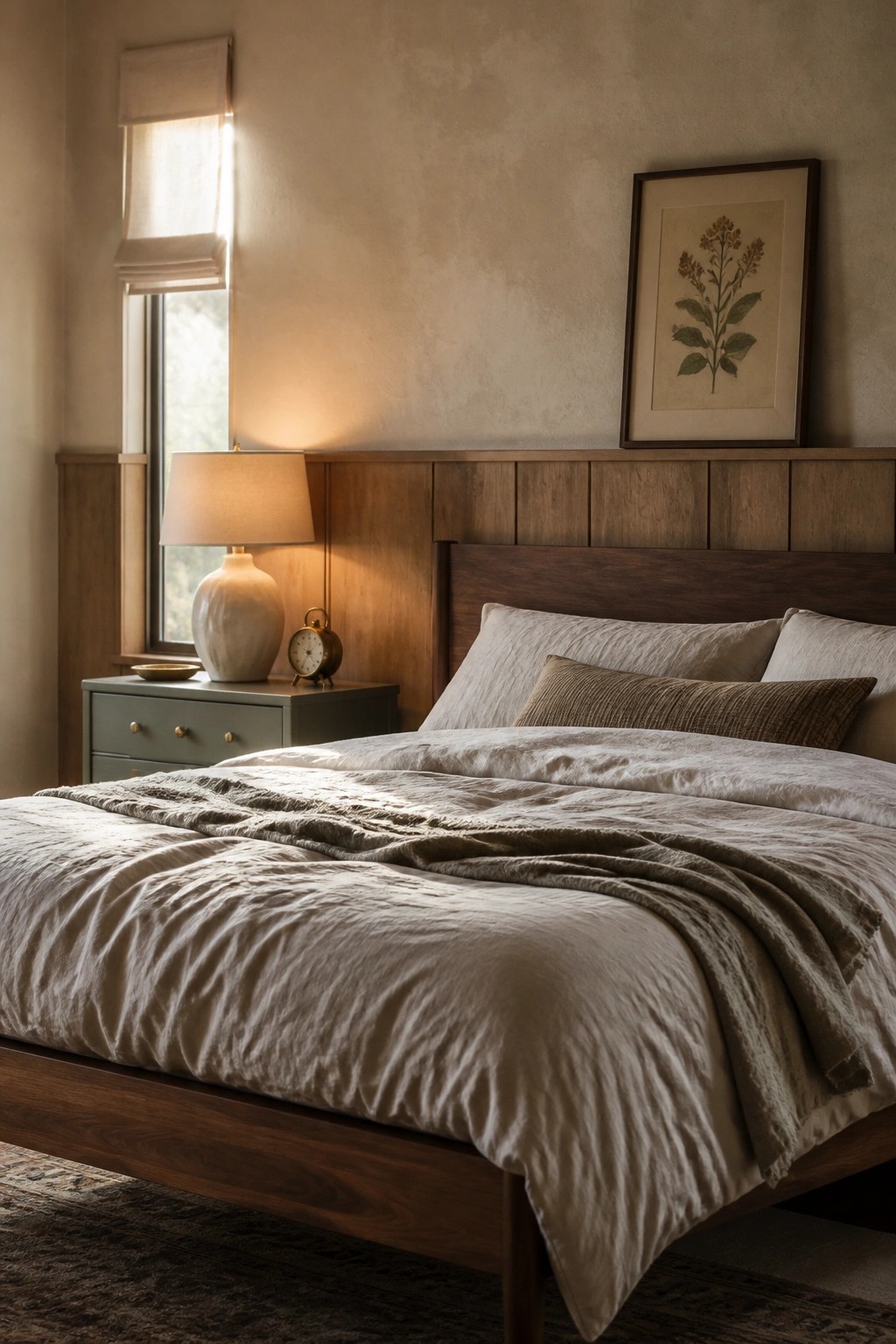 A minimalist bedroom with a dark wood bed frame, neutral bedding, a wood accent wall behind the headboard, a green nightstand with a lamp and clock, and a framed botanical print on the wall.