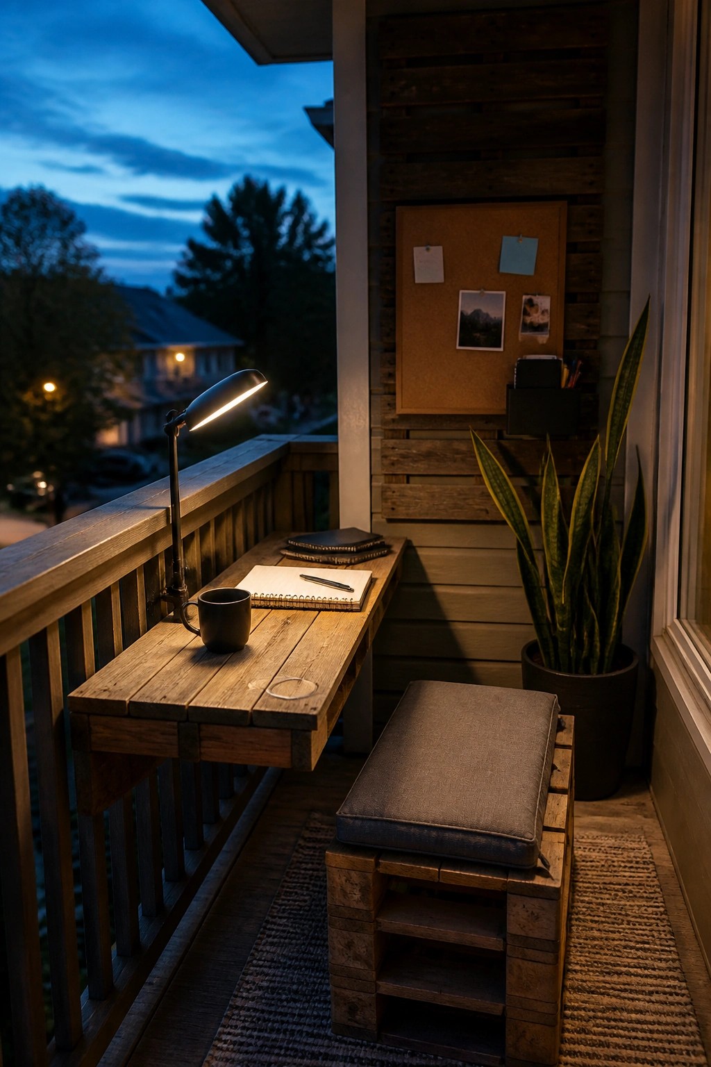 A wooden pallet desk with a lit lamp, mug, and open notebook on a balcony at dusk, beside a cushioned pallet stool and a potted snake plant.