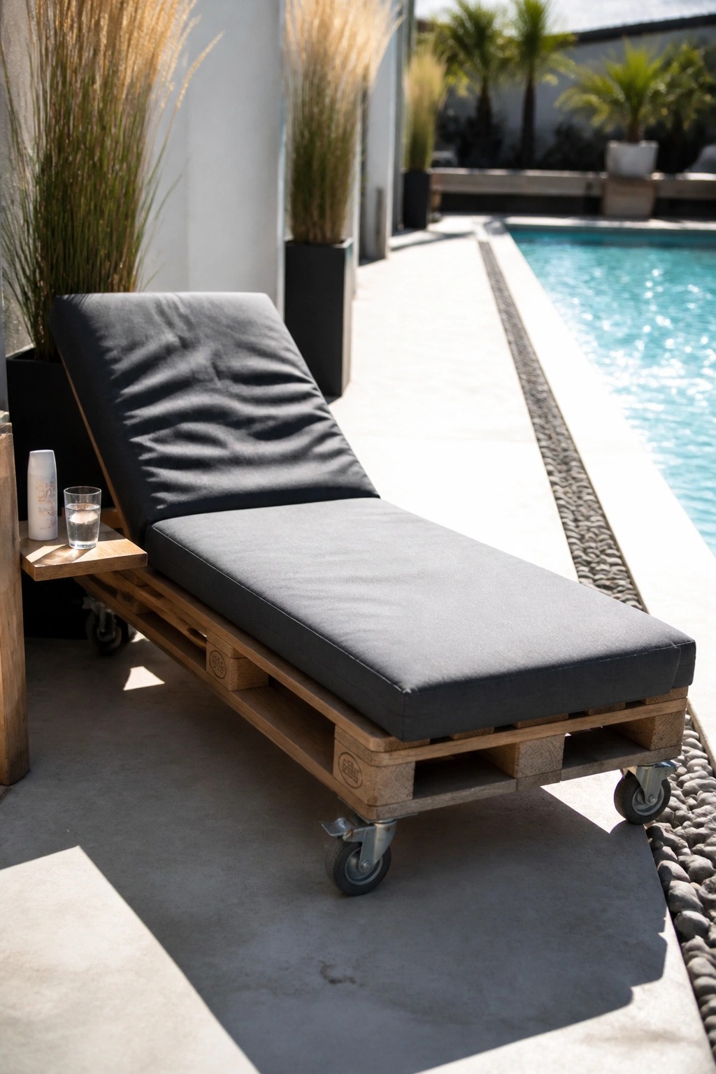 A wooden pallet lounge chair with gray cushions and metal casters sits on a concrete patio beside a swimming pool.
