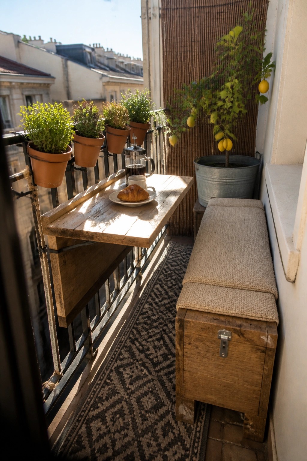 A narrow balcony with a reclaimed wood table attached to the metal railing, holding a French press and croissant, next to a cushioned wooden storage bench and several potted plants.