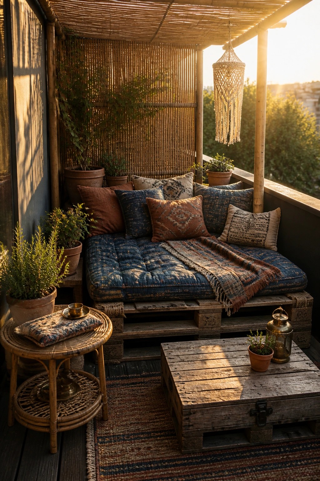 A balcony lounge area built from wooden pallets with blue cushions, patterned pillows, a small pallet table, and potted plants.