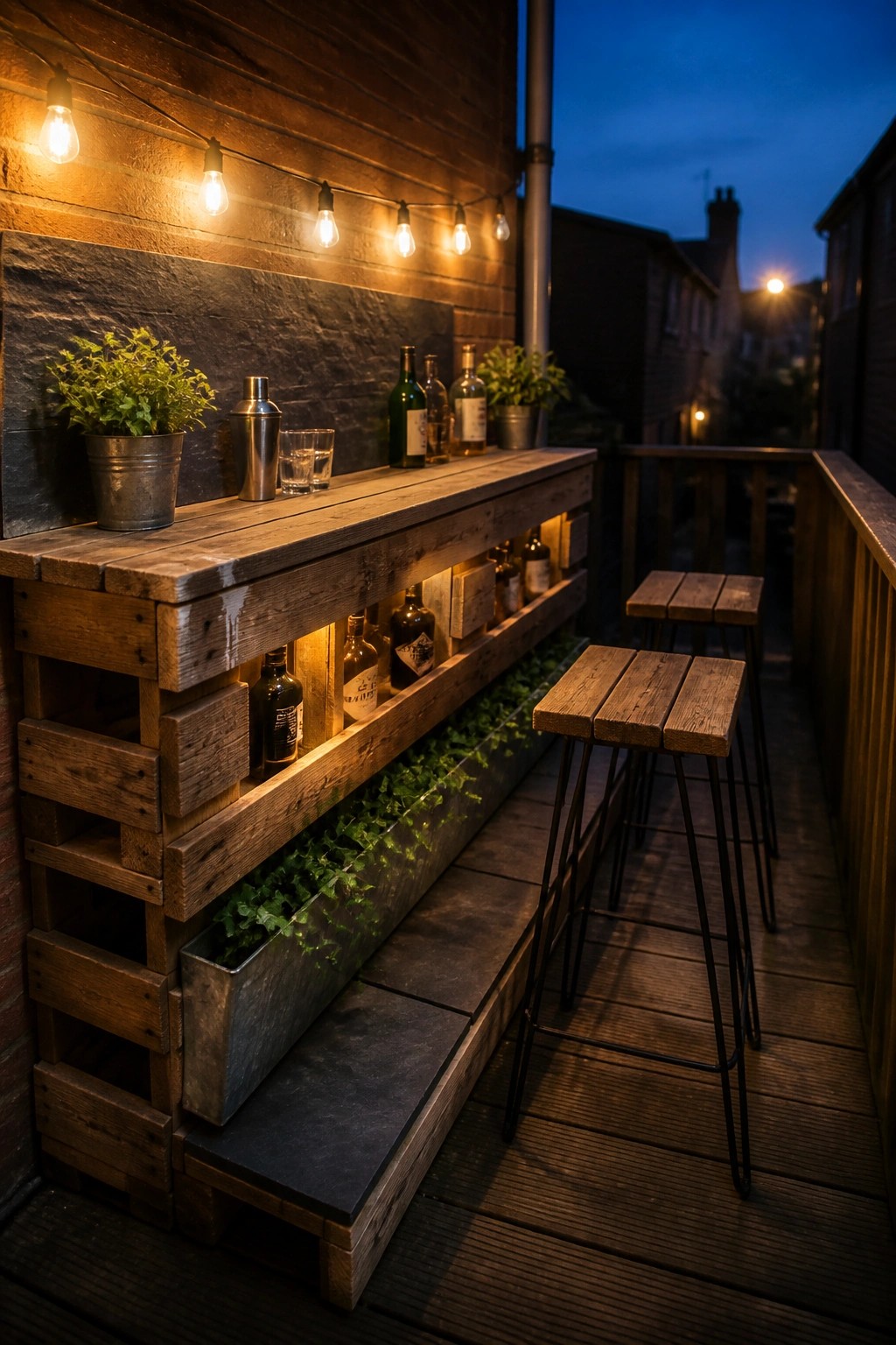 A long wooden pallet bar counter with bottle storage, plants, and bar stools on a balcony at dusk.