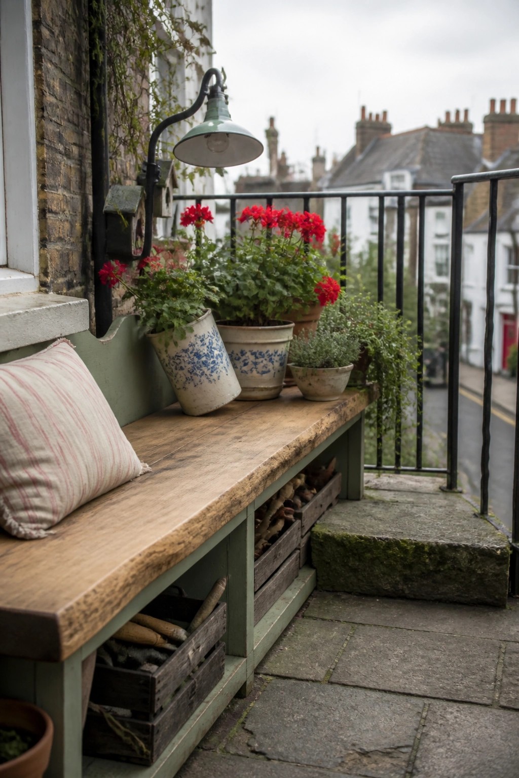 Rustic wooden bench with red geraniums and striped pillow on balcony