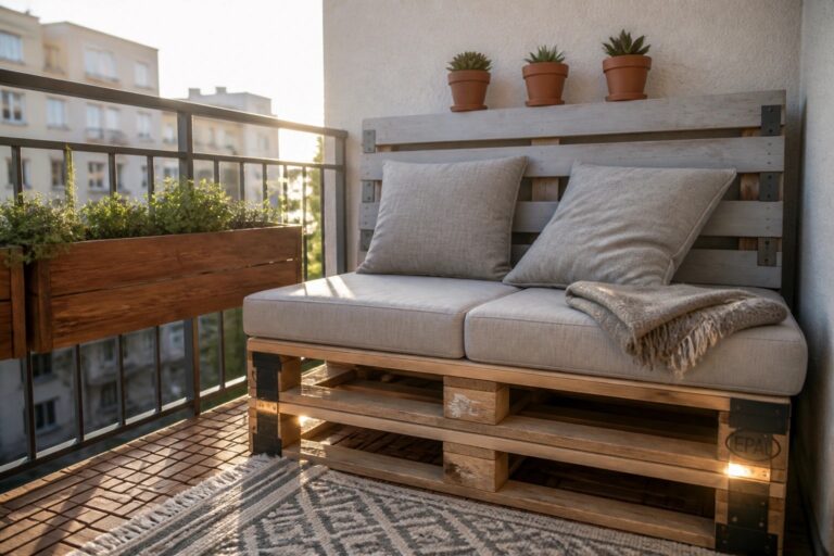 21 Smart Pallet Outdoor Furniture Ideas for Small Patios, Balconies, and Narrow Decks A low wooden pallet bench with beige cushions and a throw blanket sits on a small balcony with potted plants above it and a striped rug on the deck floor.