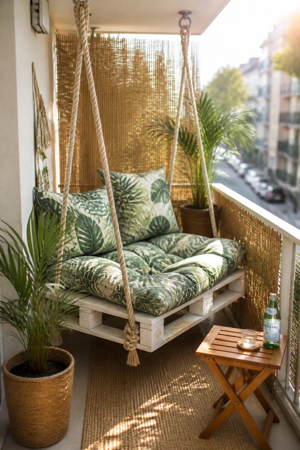 A wooden pallet swing with green leaf-patterned cushions hangs from thick ropes on a small balcony next to potted plants and a wooden side table.