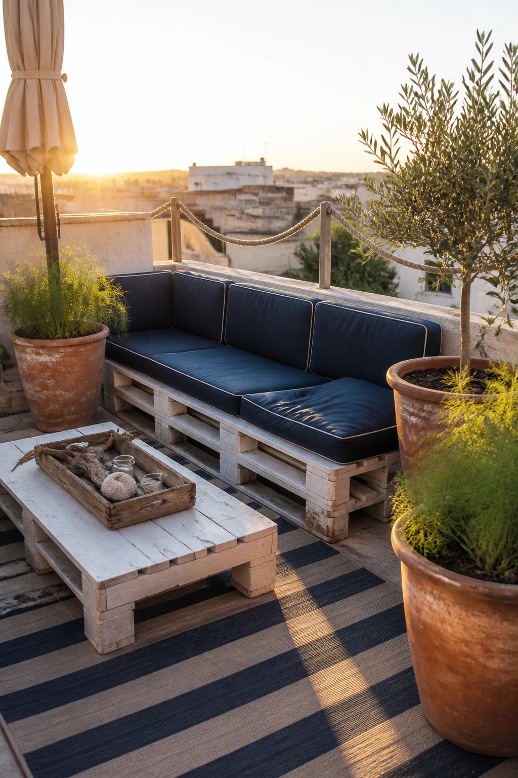 A rooftop terrace with a corner sofa and coffee table made from whitewashed pallets, navy cushions, terracotta pots, and a striped rug.