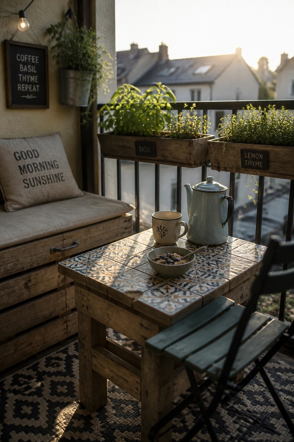 A small balcony furnished with a wooden pallet bench topped with a cushion and a low pallet table holding a bowl and teapot, with herb planters along the railing.
