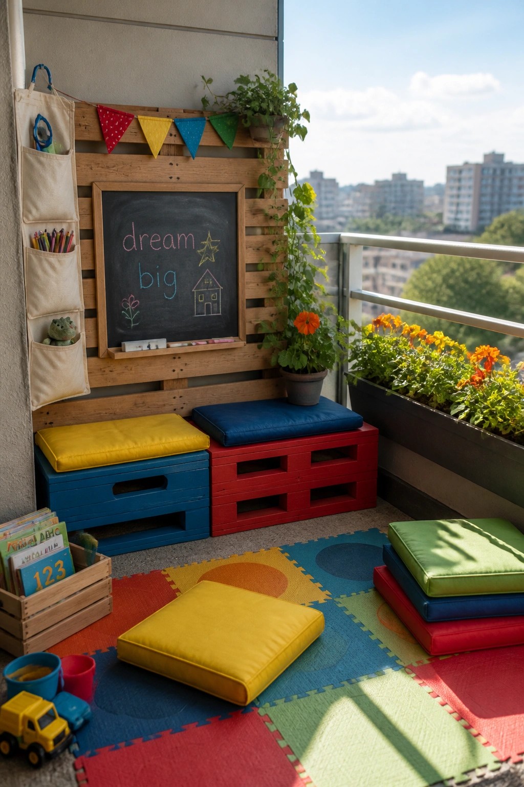 A balcony corner furnished with painted wooden pallet benches topped with colorful cushions, a pallet-mounted chalkboard, and a play mat with toys.