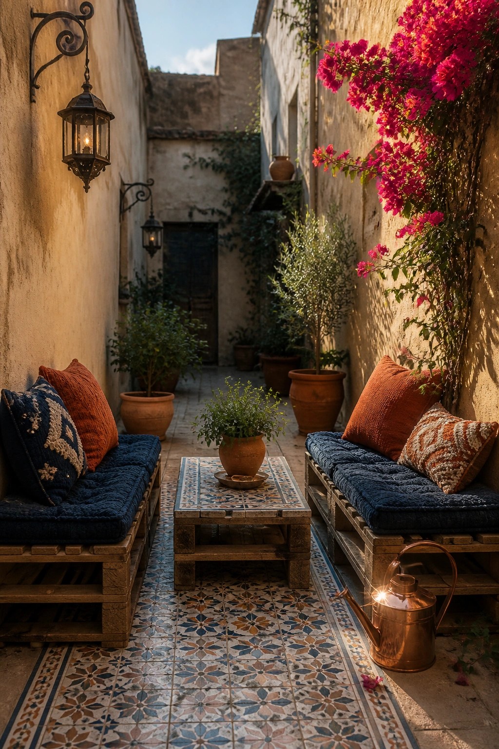 Narrow outdoor walkway lined with low wooden pallet benches covered in blue cushions, a matching pallet table with tile top, and terracotta pots along stucco walls.