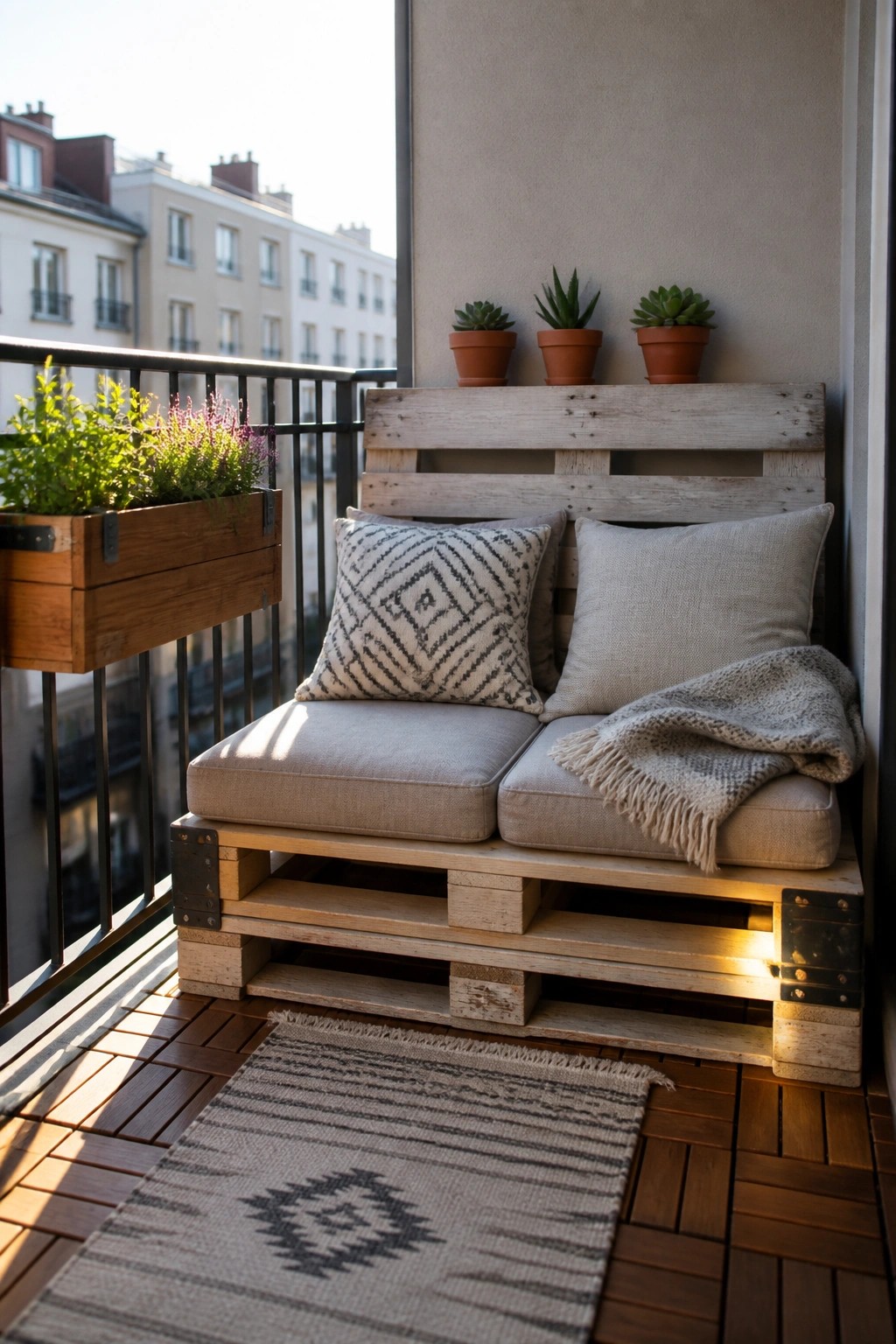 A low wooden pallet bench with beige cushions and a throw blanket sits on a small balcony with potted plants above it and a striped rug on the deck floor.