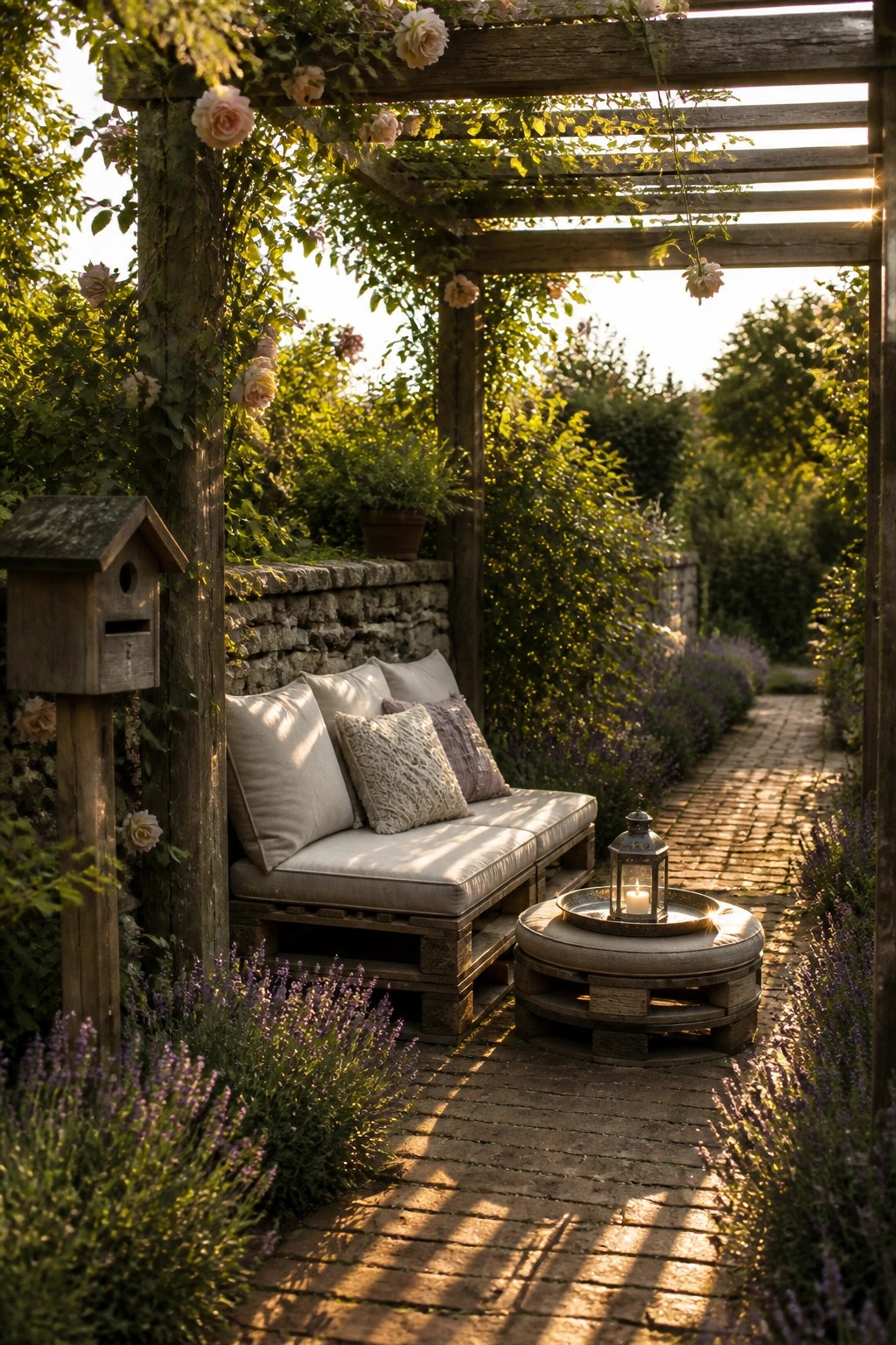 A wooden pallet bench with cushions and a round pallet side table with a lantern sit on a brick path under a rose-covered pergola in a garden.