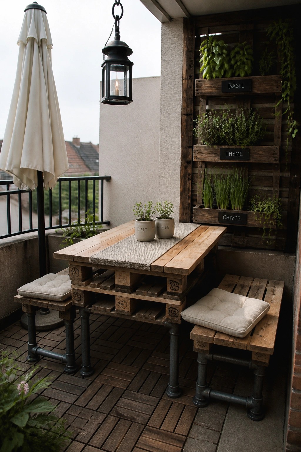 A pallet wood table and two matching benches on a small balcony, with a hanging lantern above and a vertical herb garden mounted on the wall.