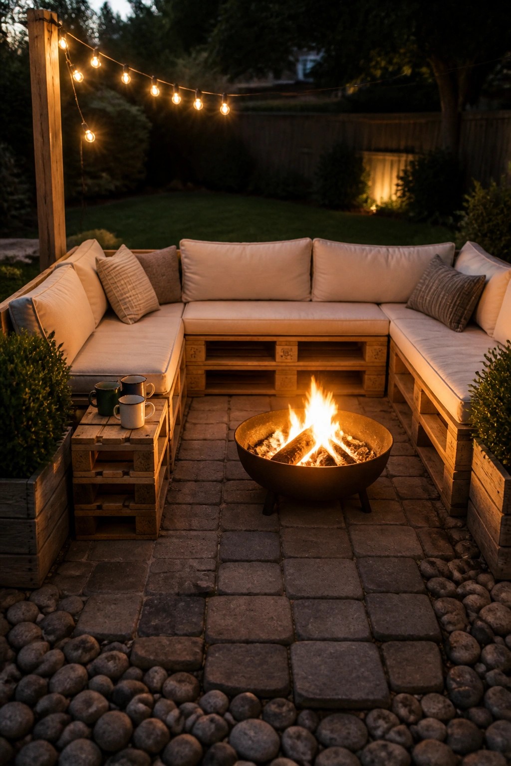An L-shaped pallet sofa with beige cushions surrounds a round metal fire pit on a stone-paved patio, with string lights above and grass and trees in the background.