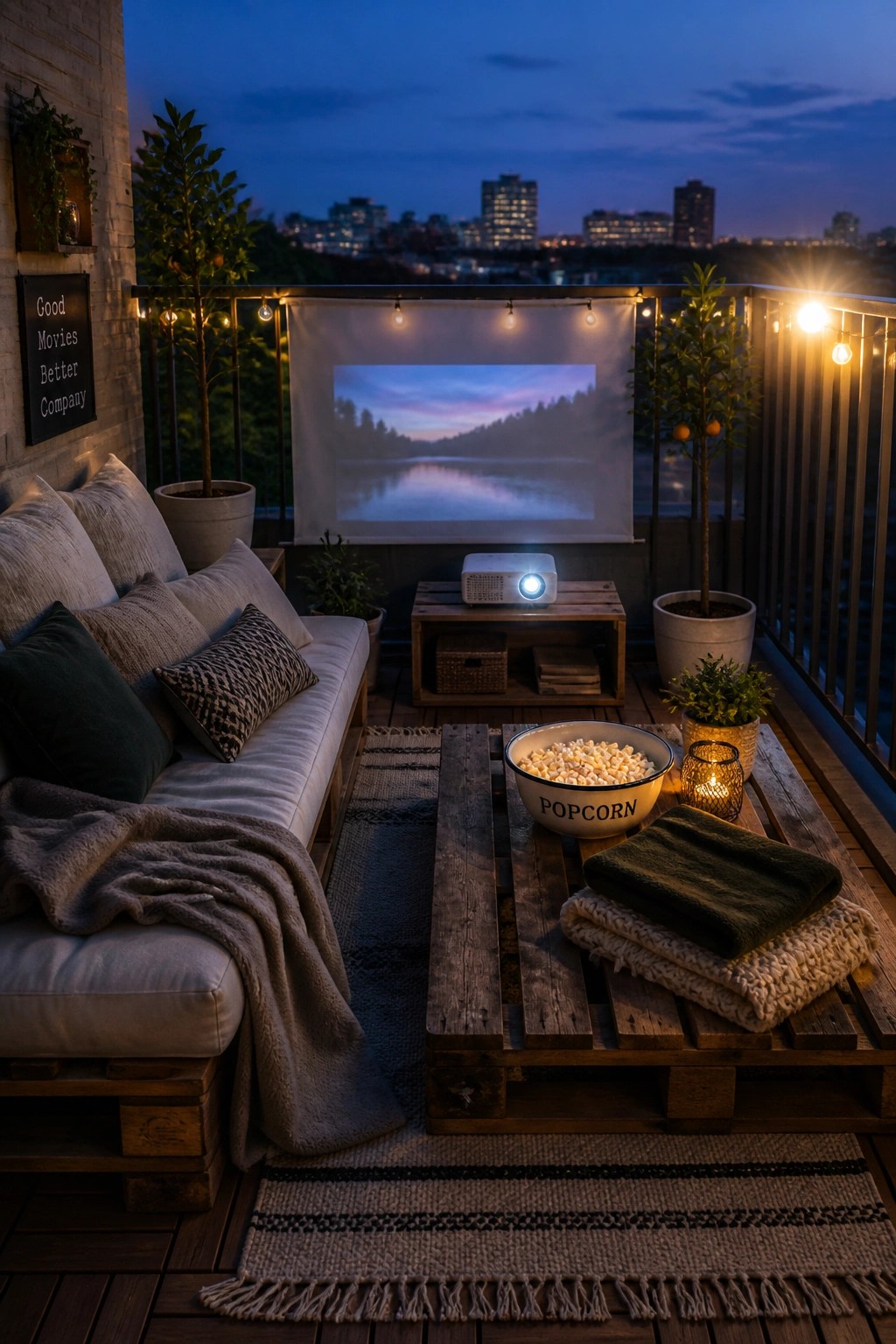 Balcony at dusk with pallet couch and table, projector screen, string lights, and city skyline view.