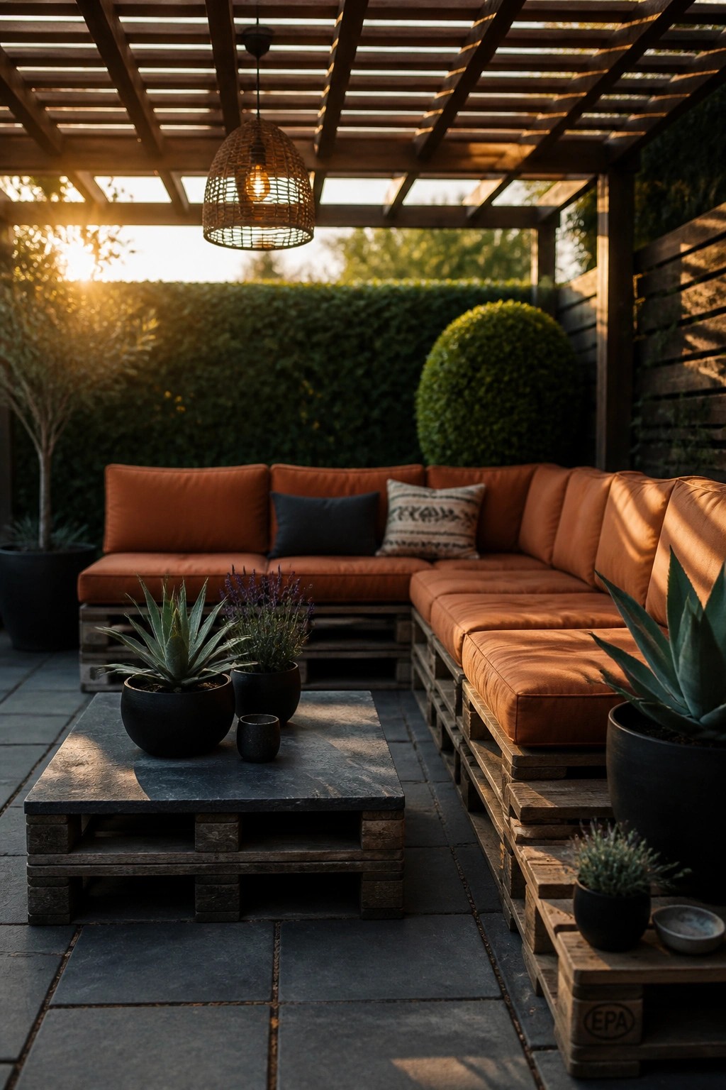 Pallet sofa with orange cushions, potted succulents, and hanging lamp under pergola