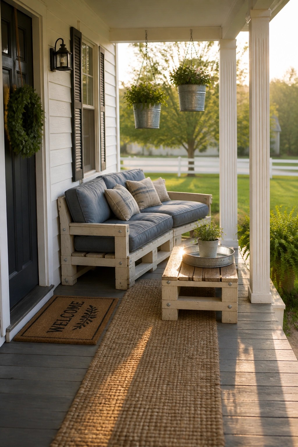 A wooden porch with a pallet sofa covered in blue cushions, a small pallet table, hanging metal planters, and a welcome mat.