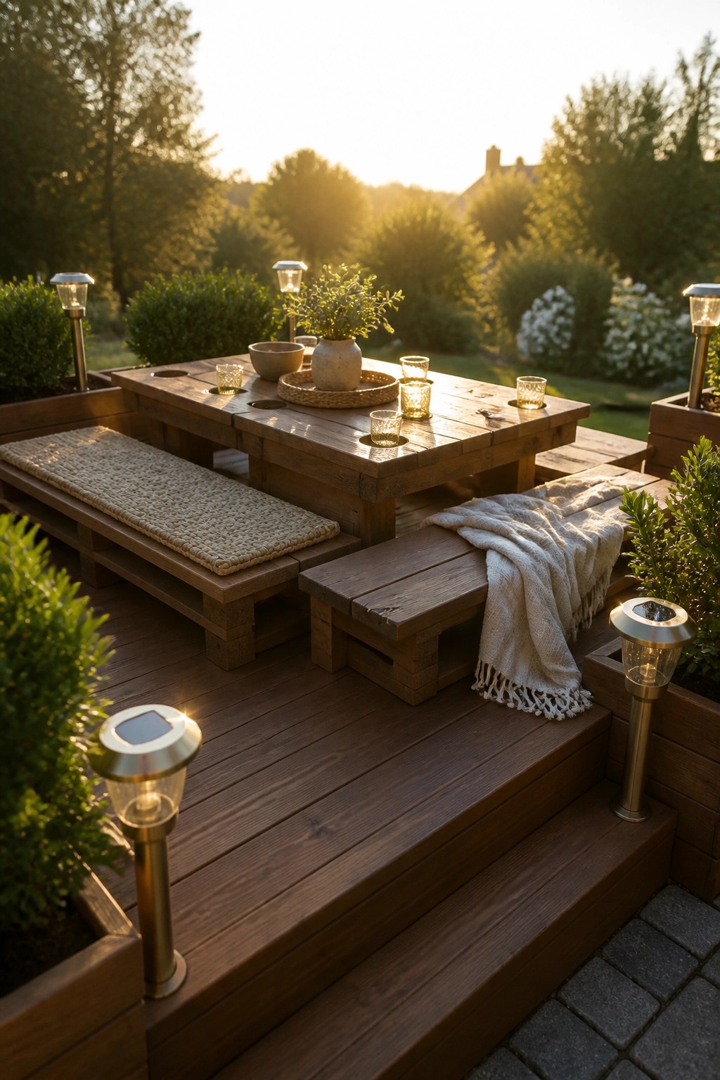 A wooden pallet dining table with benches on a deck, set with glasses and a blanket, surrounded by solar lights and plants at sunset.