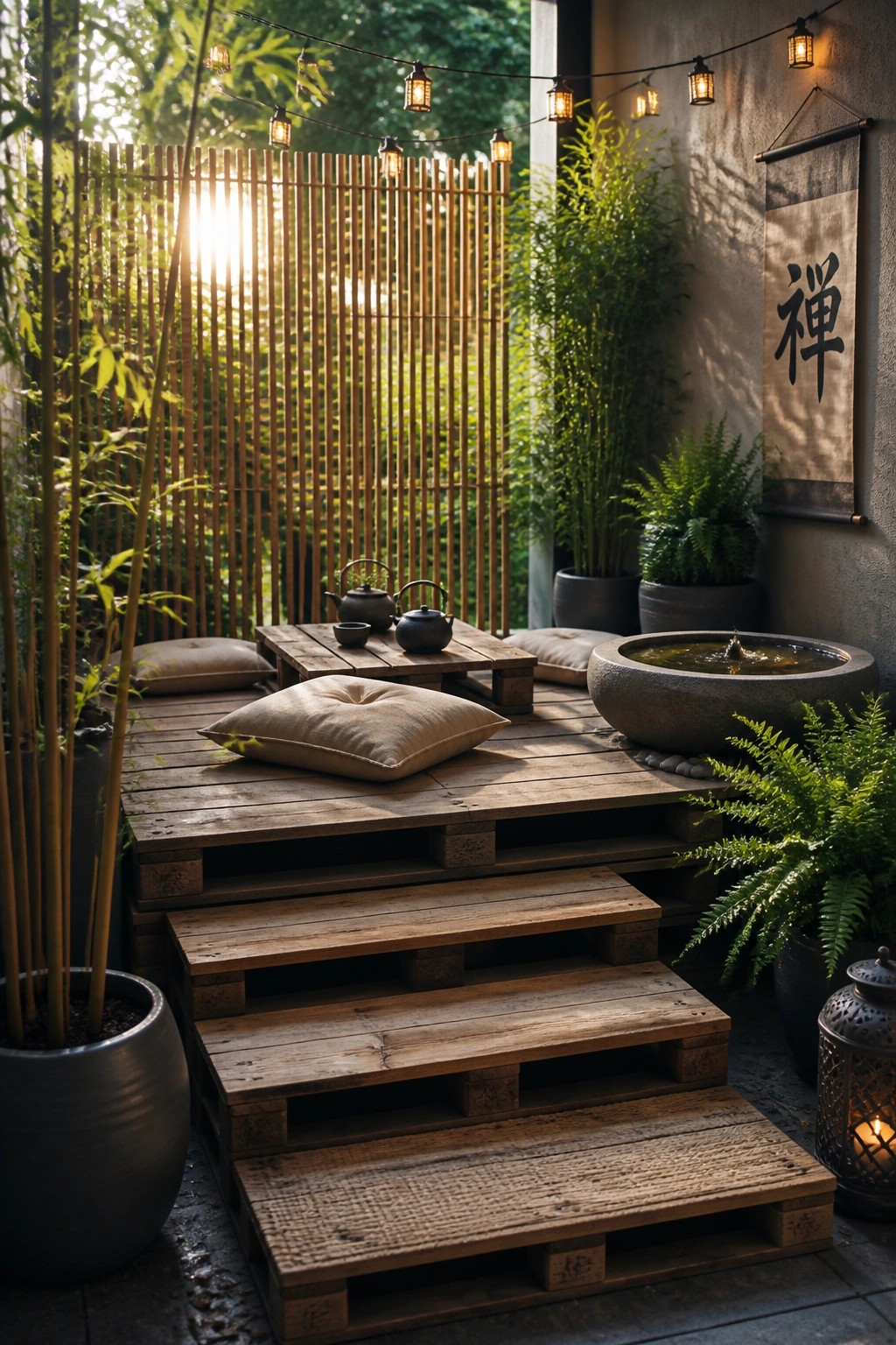 Wooden pallet platform with steps, cushions, low table, potted plants, and string lights in an outdoor patio setting.