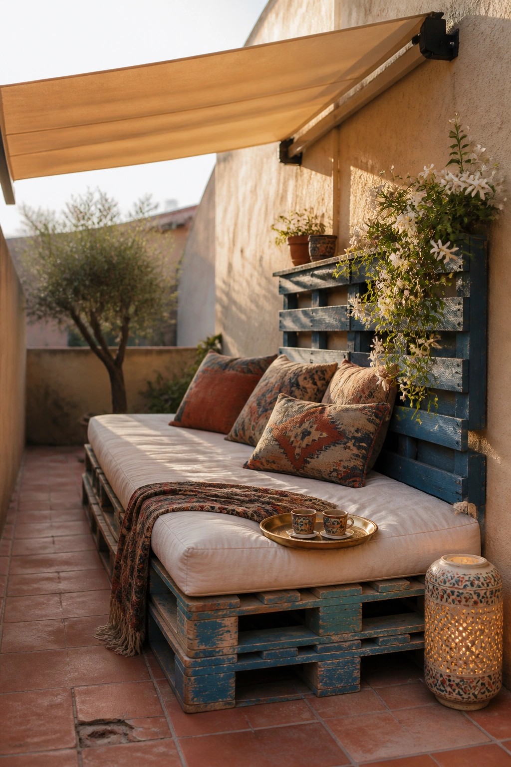 A pallet-built daybed with white cushions and patterned pillows sits on a tiled patio under a beige shade awning, next to a blue painted pallet backrest with flowers and a lit ceramic lantern.