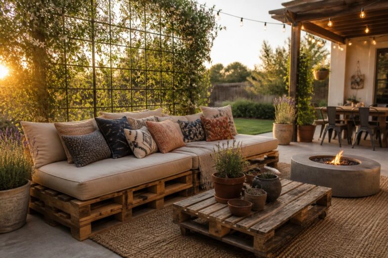 22 Chic Pallet Outdoor Sofa Ideas for Low Lounge Seating and Relaxed Conversation Areas Wooden pallet sofas with cushions and pillows arranged on a woven rug in a garden patio with potted plants and a pergola.