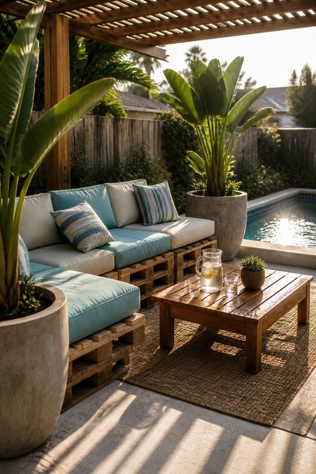 Outdoor patio featuring pallet sofas with turquoise and white cushions arranged around a wooden coffee table beside a pool.