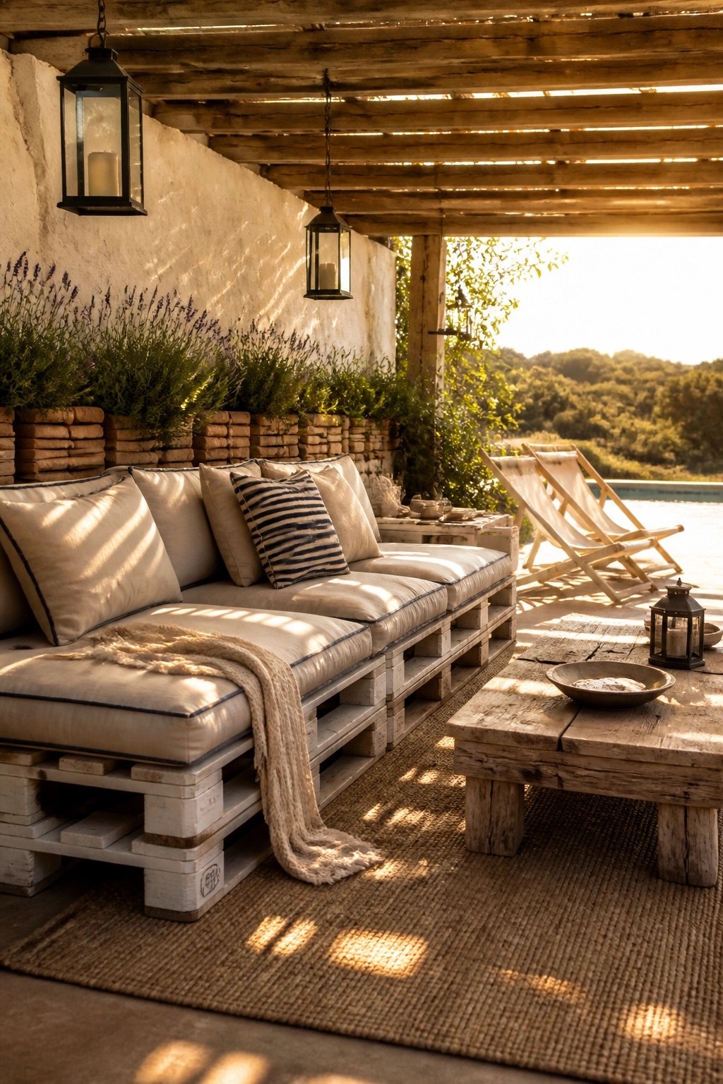 Rustic pallet sofa with beige cushions on sunlit patio with lanterns and lavender plants