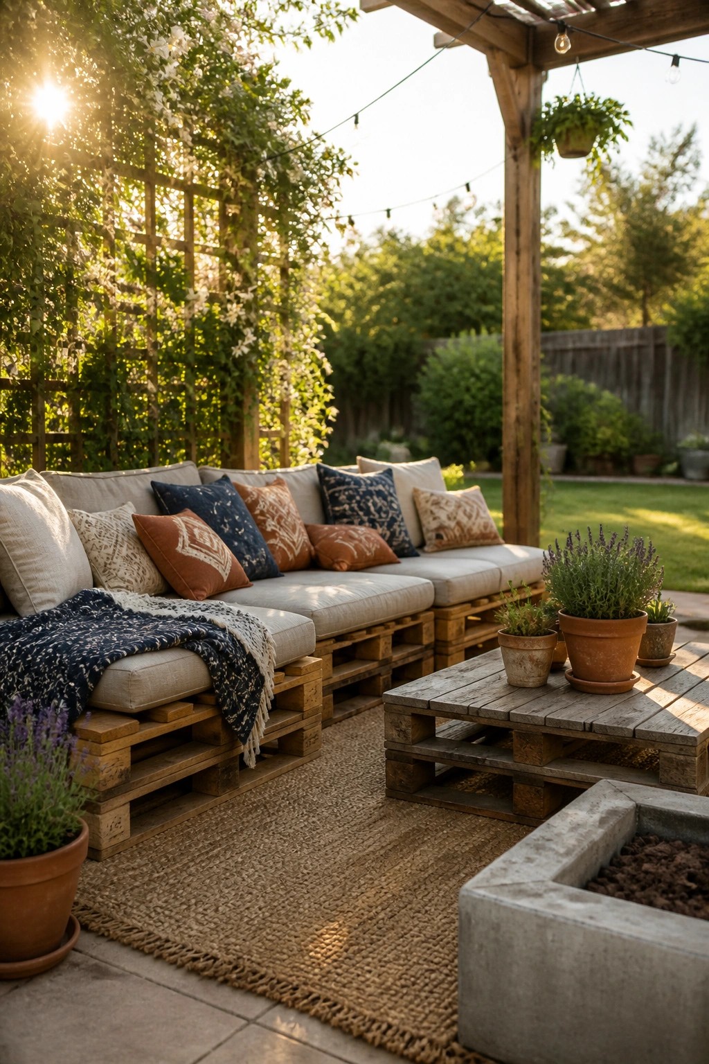 Wooden pallet sofas with cushions and pillows arranged on a woven rug in a garden patio with potted plants and a pergola.