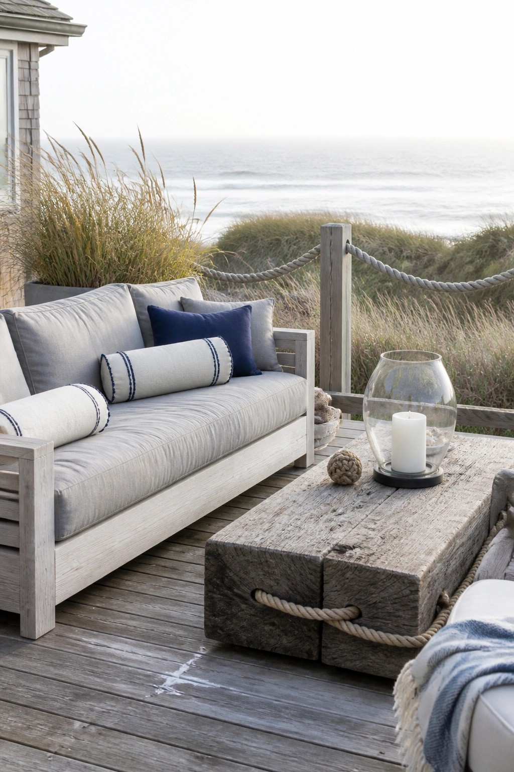 A light gray wooden outdoor sofa with cushions and bolsters sits on a weathered deck beside a large wooden coffee table, with ocean and grass visible beyond.