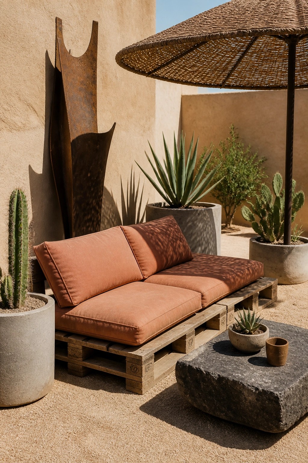 A low wooden pallet sofa with terracotta cushions sits on a sandy patio next to potted cacti and a large woven umbrella.
